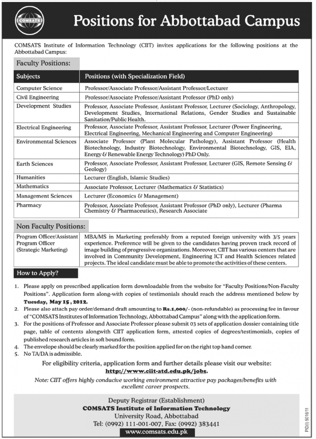 Comsats Institute Of Information Technology Abbottabad Jobs