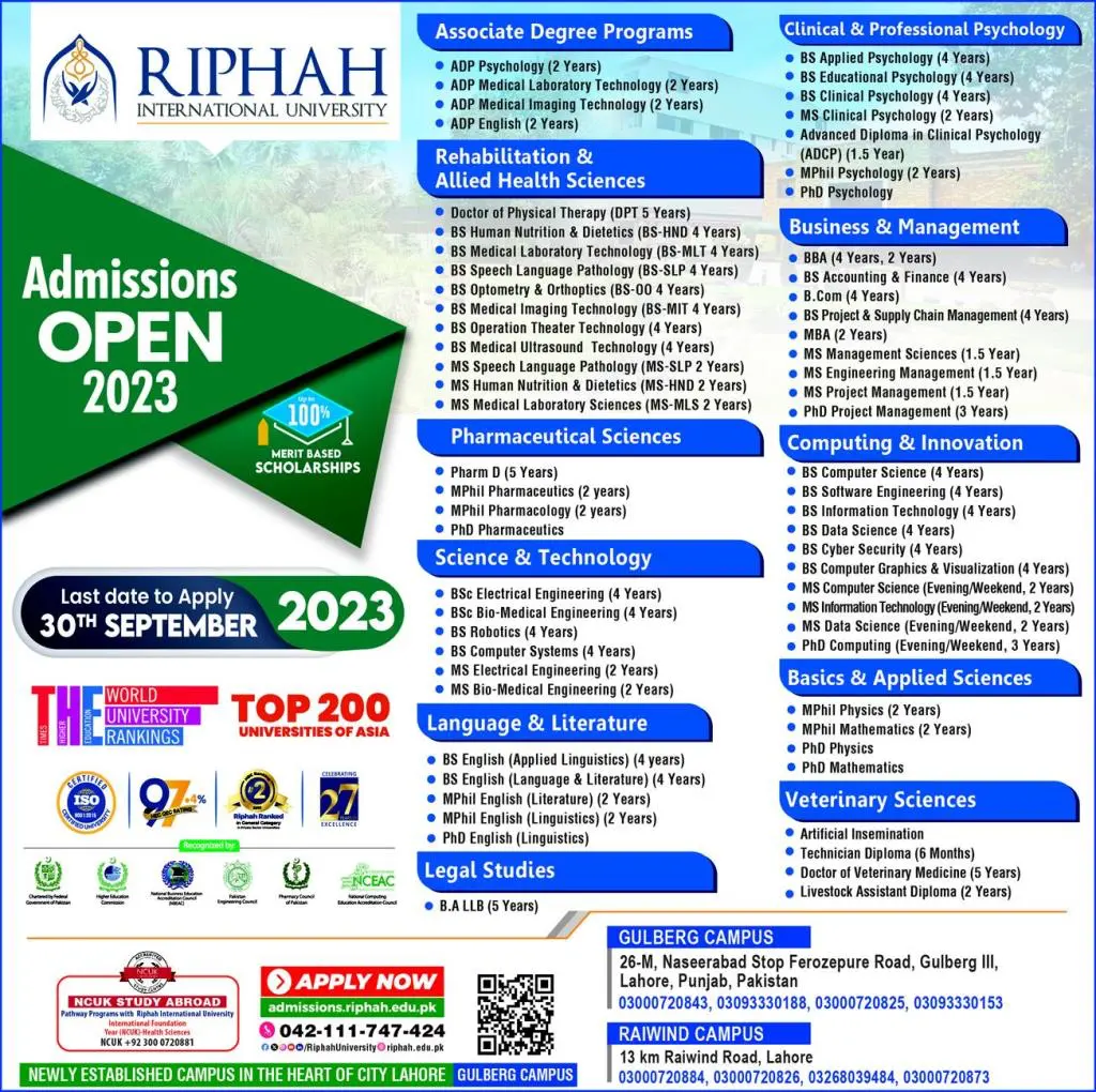 Riphah International University Lahore Admission 2023