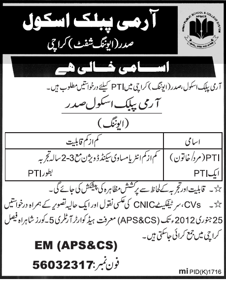 Jobs In Army Public School Saddar Karachi Evening Shift