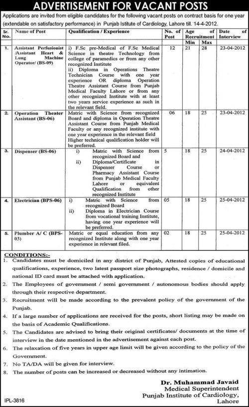 Job Opportunities in Punjab Institute of Cardiology Lahore