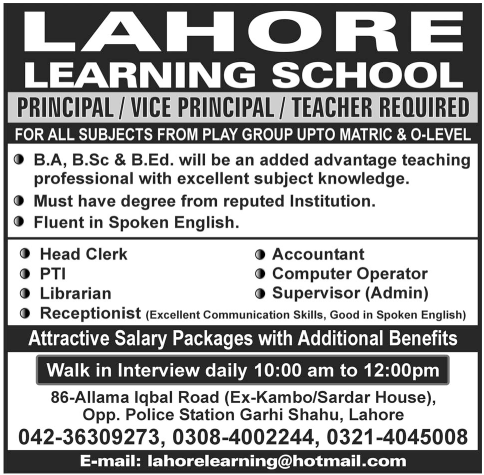 Lahore Learning School Jobs