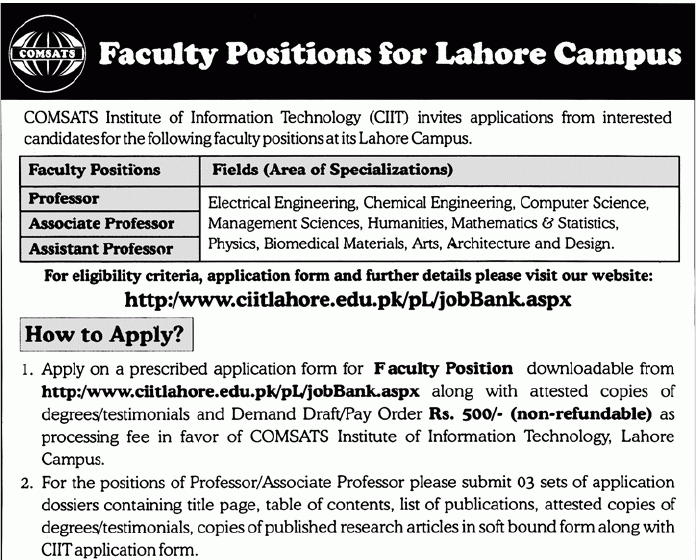 comsats institute of information technology lahore Jobs
