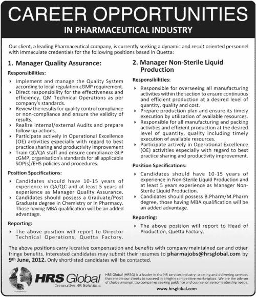 pharmaceutical jobs in Quetta pakistan 2012