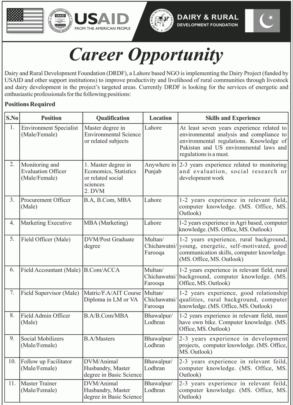 Dairy and Rural Development Foundation Lahore Jobs 2019