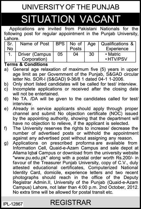 Driver Jobs in University of the Punjab 2012