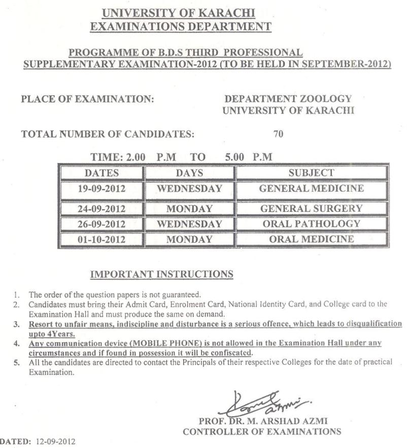 University of Karachi B.D.S Supplementary Exam 2012