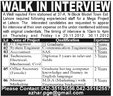 IT & System Engineer, Accountant, Technicians Jobs in Lahore