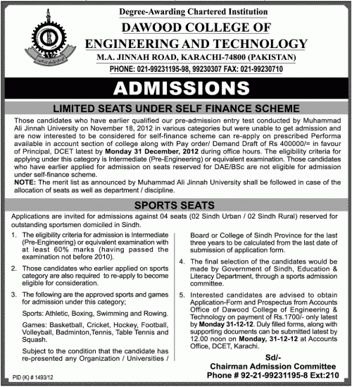 DCET Admission on self finance