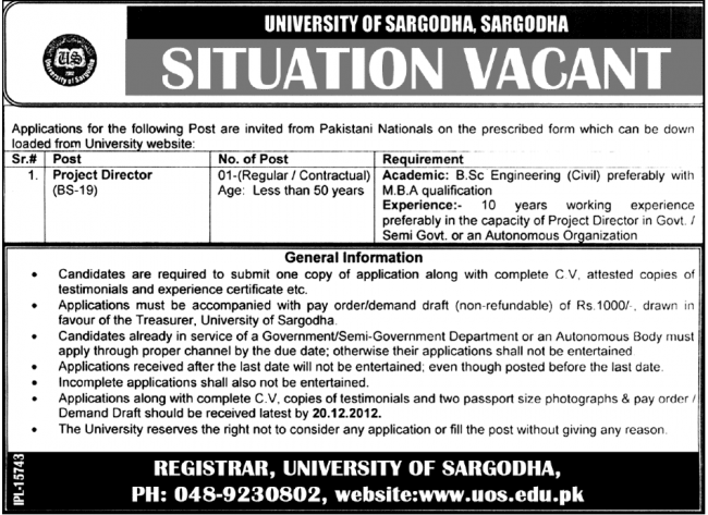 project-director-jobs-in-university-of-sargodha-december-2012