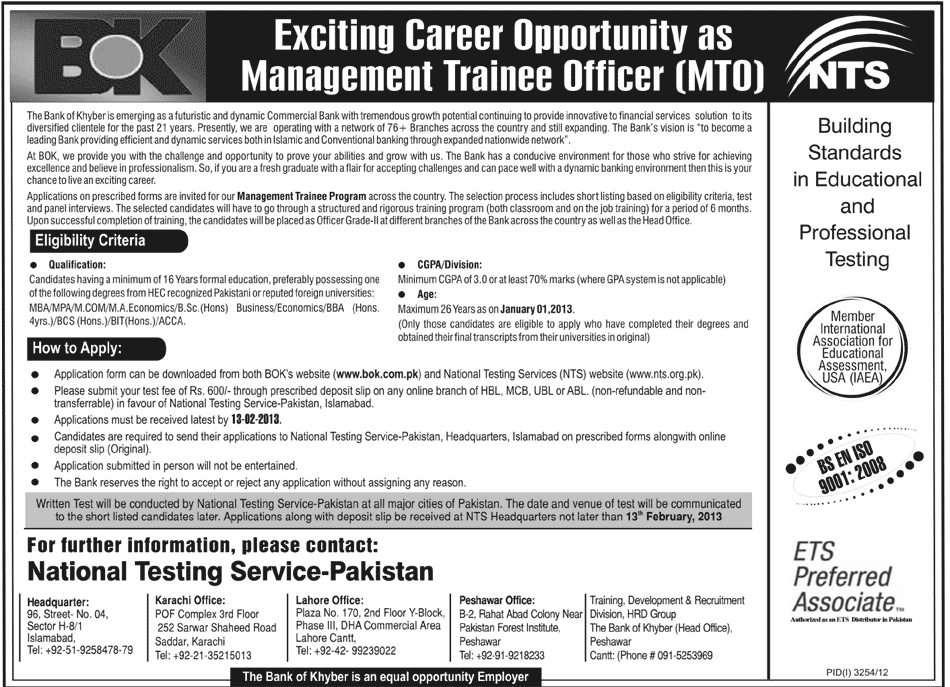 Career Opportunity as Management Trainee Officer in Bank Of Khyber