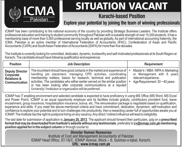 Jobs Opportunities in ICMA Pakistan