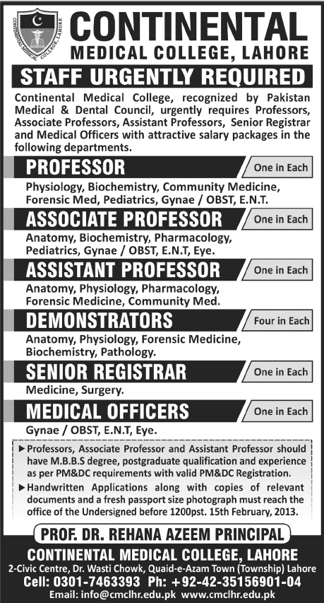 medical letter exams 2019 Medical Jobs Continental Lahore College in