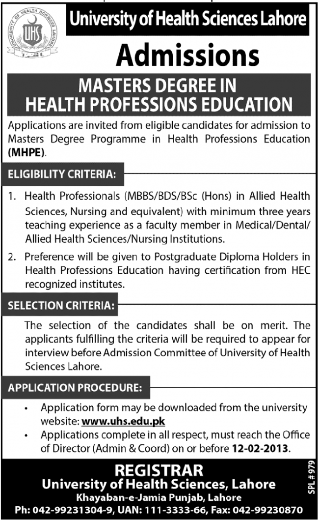 University Of Health Sciences Lahore Admissions MHPE 2019