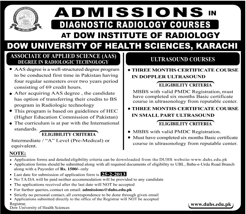 Admissions in Diagnostic Radiology Courses At Dow Institute of Radiology