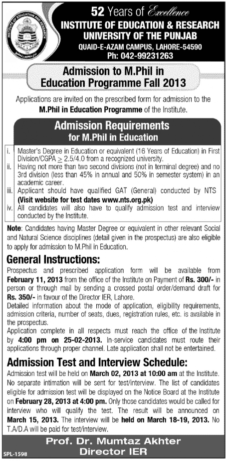 Institute Of Education and Research PU MPhil Admissions 2015