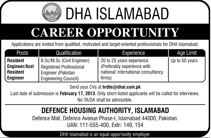 Jobs in Defence Housing Authority Islamabad 2013