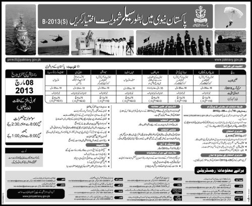 Pakistan Navy New Jobs Opening for 17th-February 2013