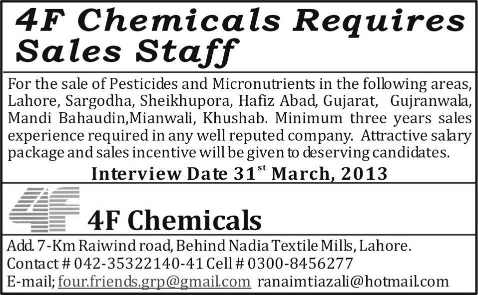 4F Chemicals required sales staff Cities of Pakistan