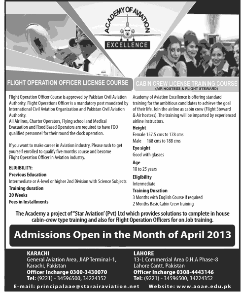 Admission Open Academy Of Aviation Excellence Karachi 2013