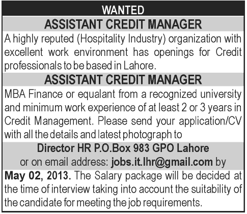 Credit Manager Jobs in Lahore Pakistan May 2, 2013