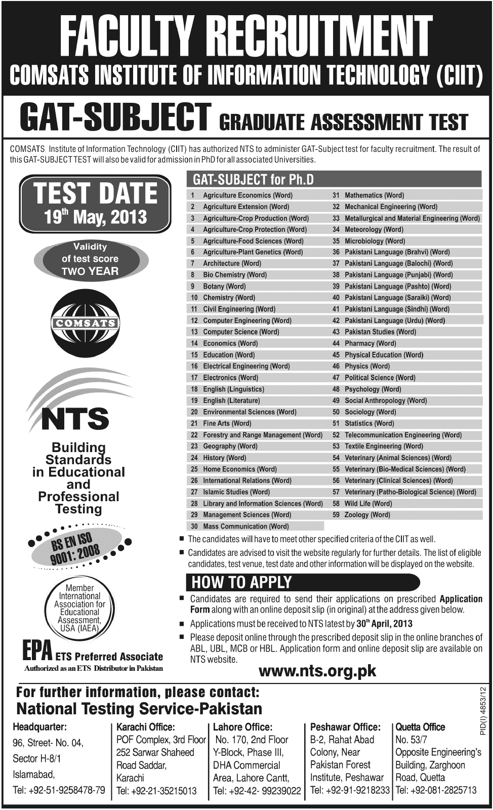 Faculty Recruitment Comsats Institute NTS Test May 2013
