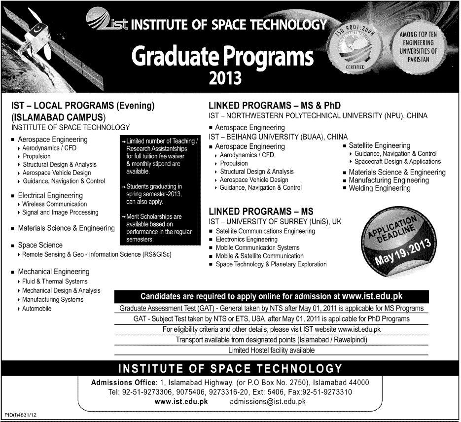 Institute of Space Technology Islamabad Graduate Programs 2013