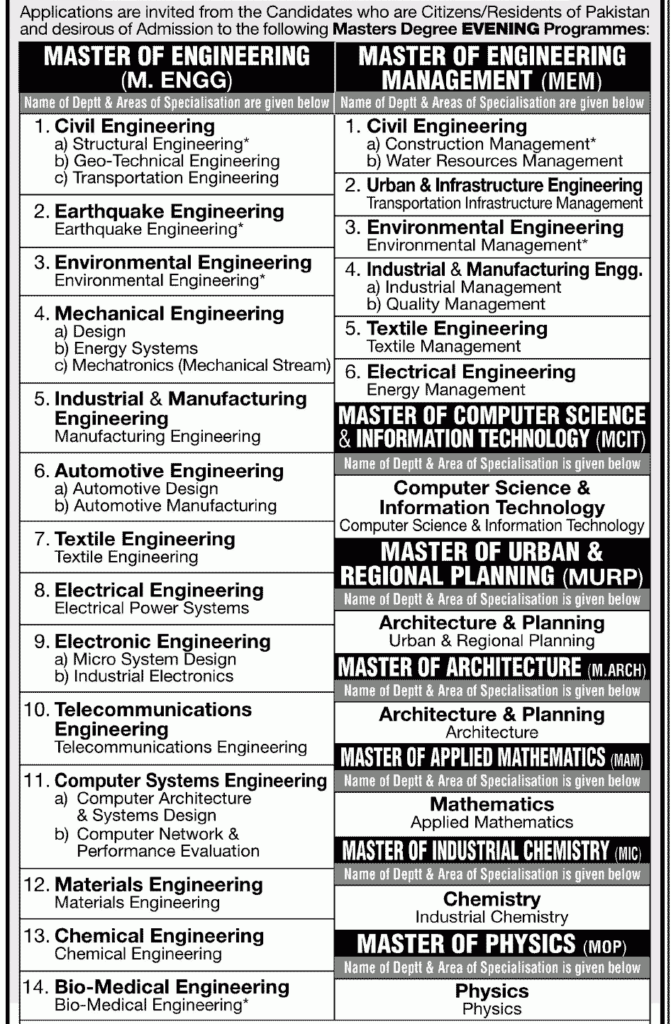 NED UET Admission Notice for Master Degree Programmes