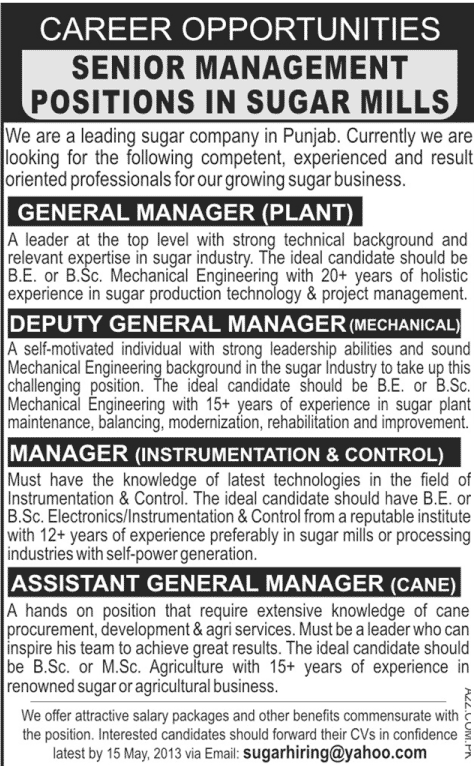 Senior Management Positions Required in Sugar Mills 2013