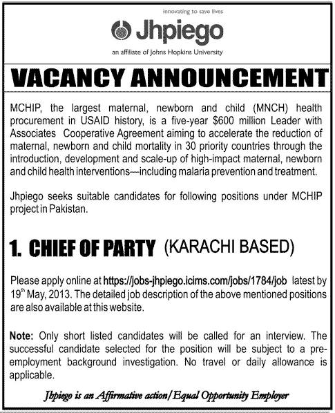 Jhpiego Karachi Jobs MCHIP Project Careers in Pakistan 2013