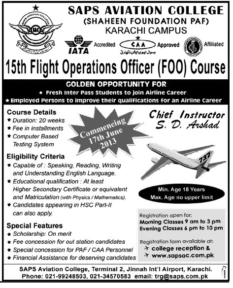 SAPS Aviation college Karachi 15th FOO Courses 2013