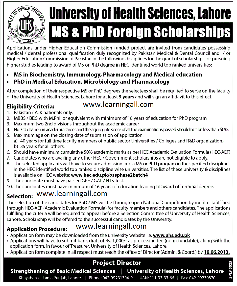 UHS Lahore announces MS & PhD foreign scholarships