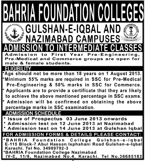 Bahria Foundation College Karachi Admission in 1st year 2024