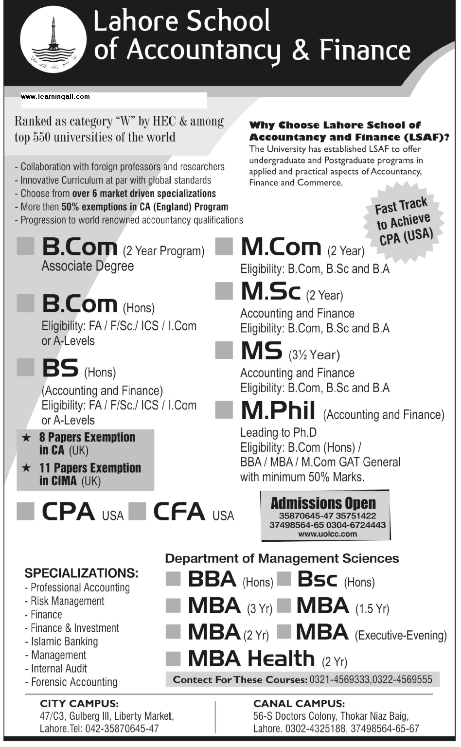 Lahore School of Accountancy & Finance Admissions