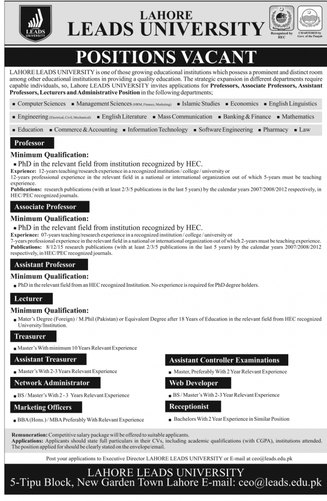 Leads University Positions Vacant for Professors & Management