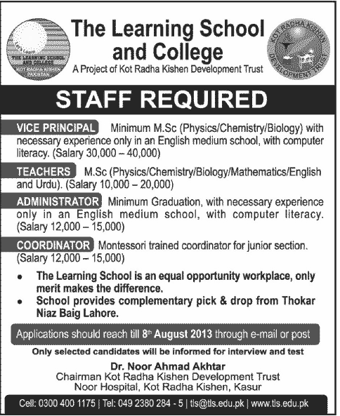 Staff Required for the Learning School and College Kasur