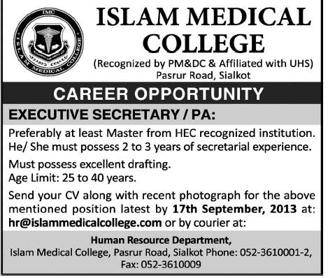 Executive Secretary Jobs in Islam Medical College