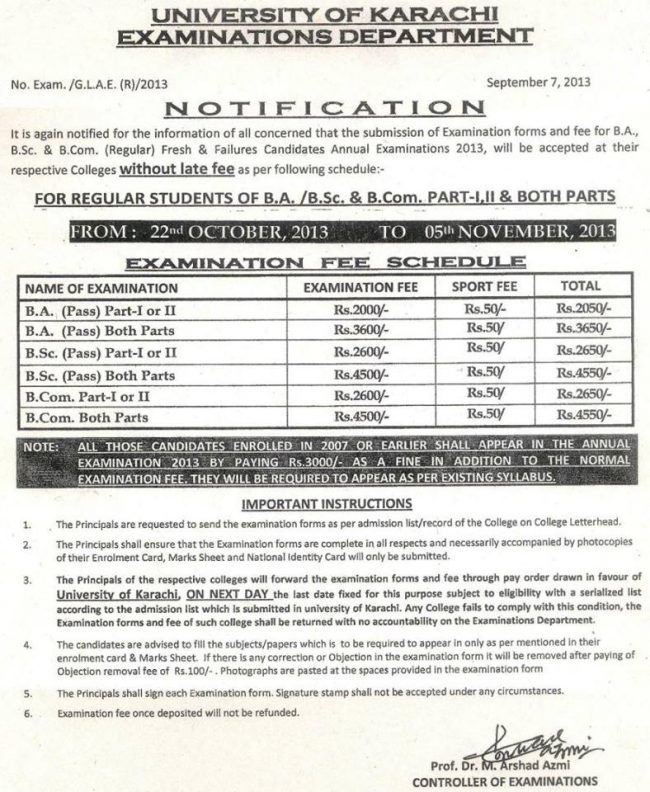 B.A BSc B.Com Examination Forms By University Of Karachi