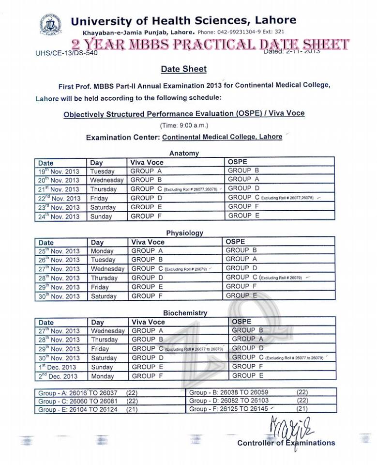 UHS Date Sheet Practicals 2013