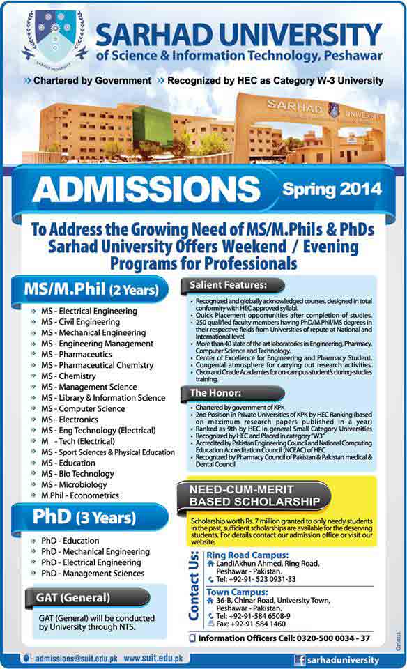 Sarhad University Admissions in MS/M.Phil and PhD programs ...