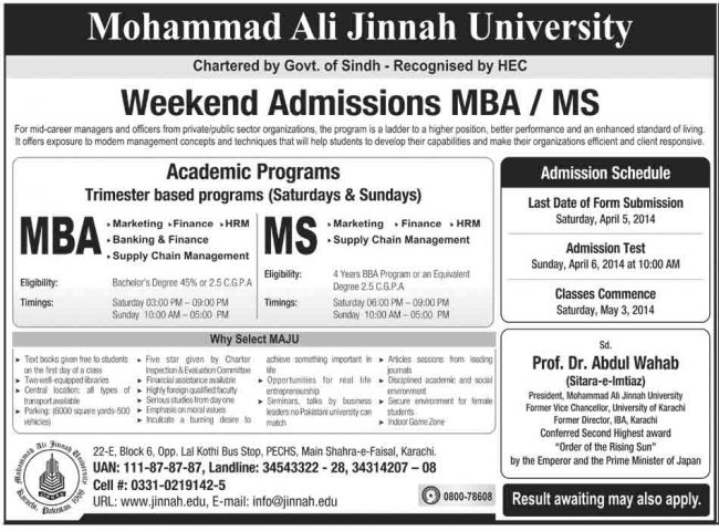 Weekend Admissions in MBA / MS in Mohammad Ali Jinnah University