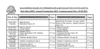 Bise Quetta FA Fsc Date Sheet 2021