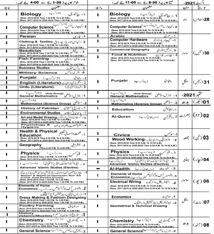 Bise Lahore 9th Class Date Sheet 2021
