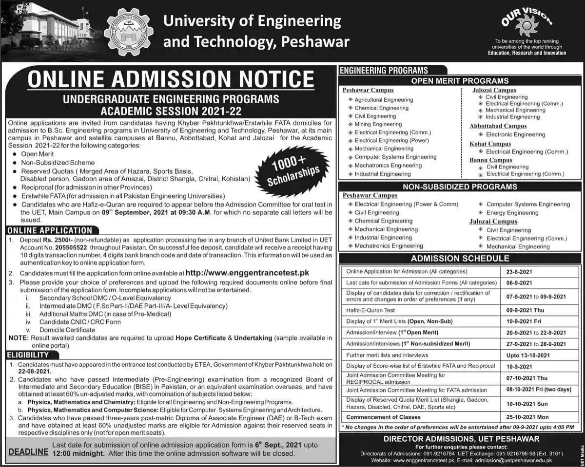 UET Peshawar Undergraduate Admission 2024