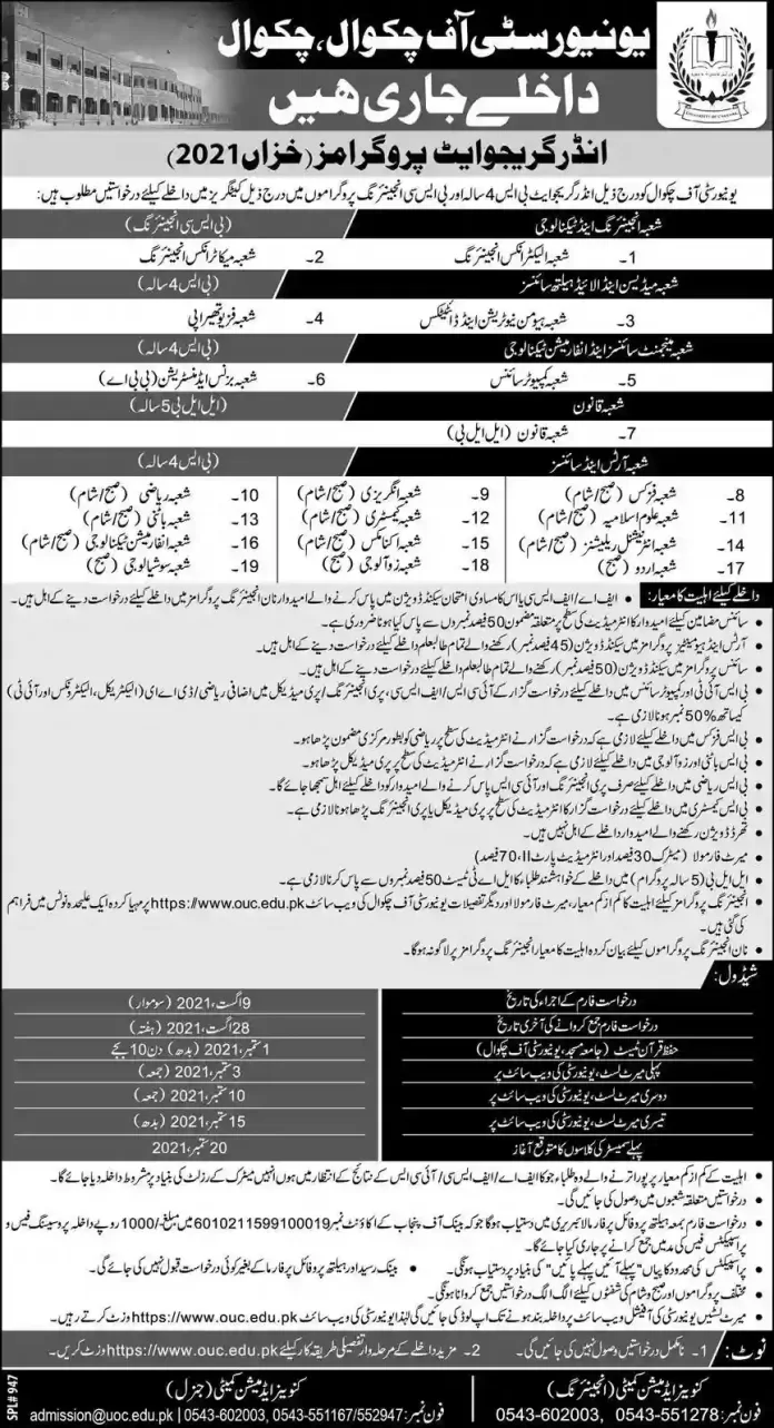 University of Chakwal Admission 2021