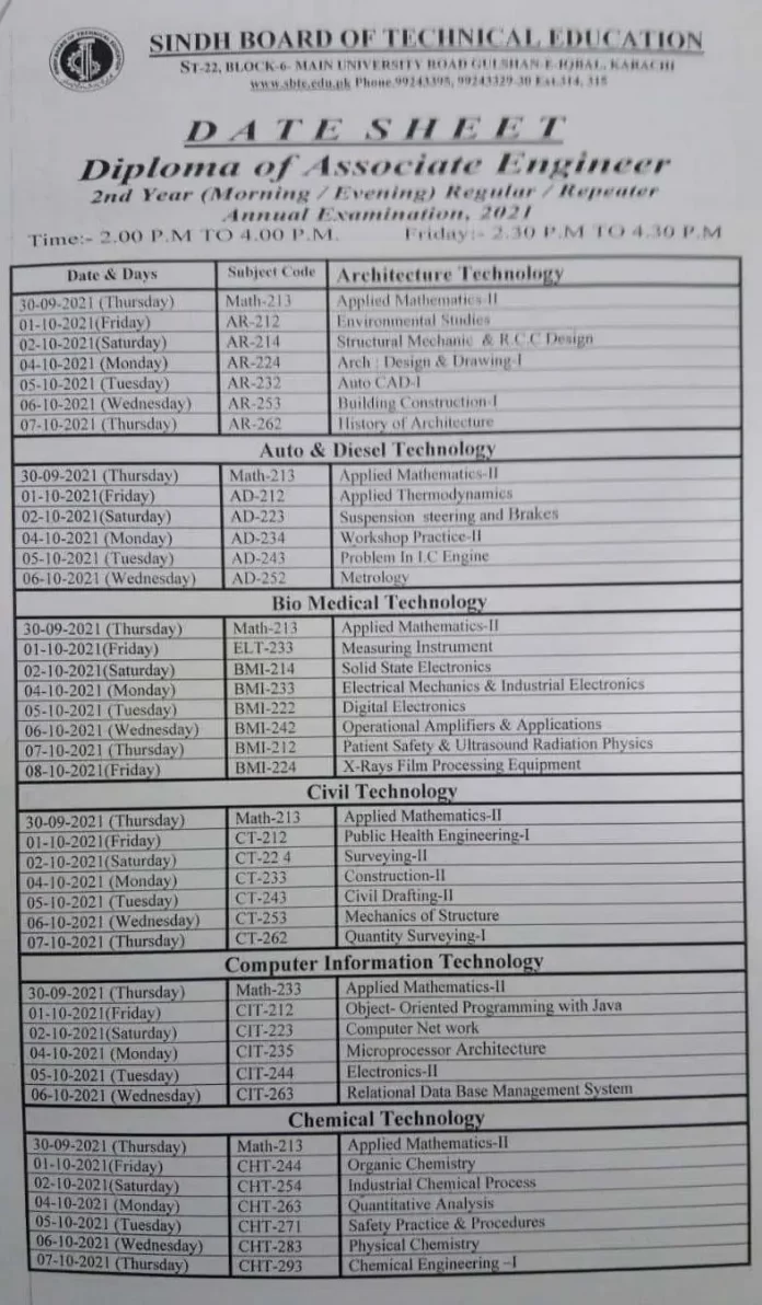 SBTE Date Sheet 2021