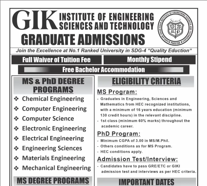 GIKI University Entry Test date 2022