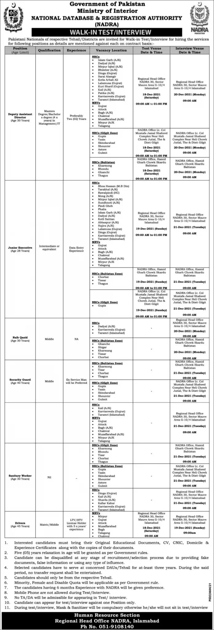 NADRA Jobs 2021 Interview Test