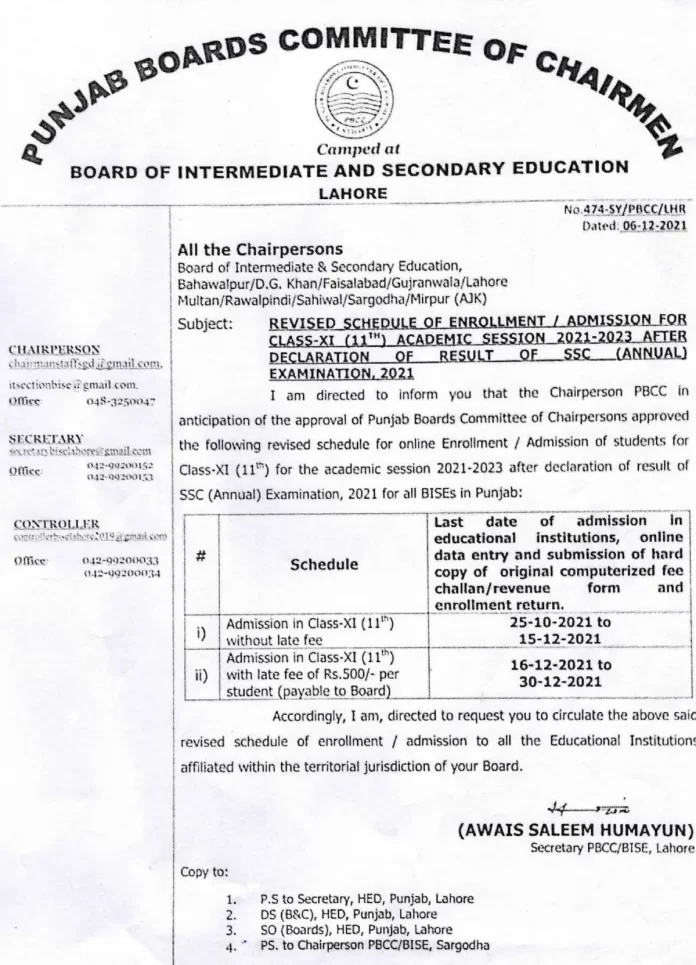 class 11th Admission BISE Punjab Board Registration