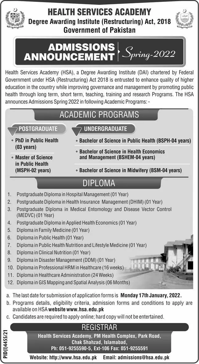 Health Services Academy Islamabad Admission 2023