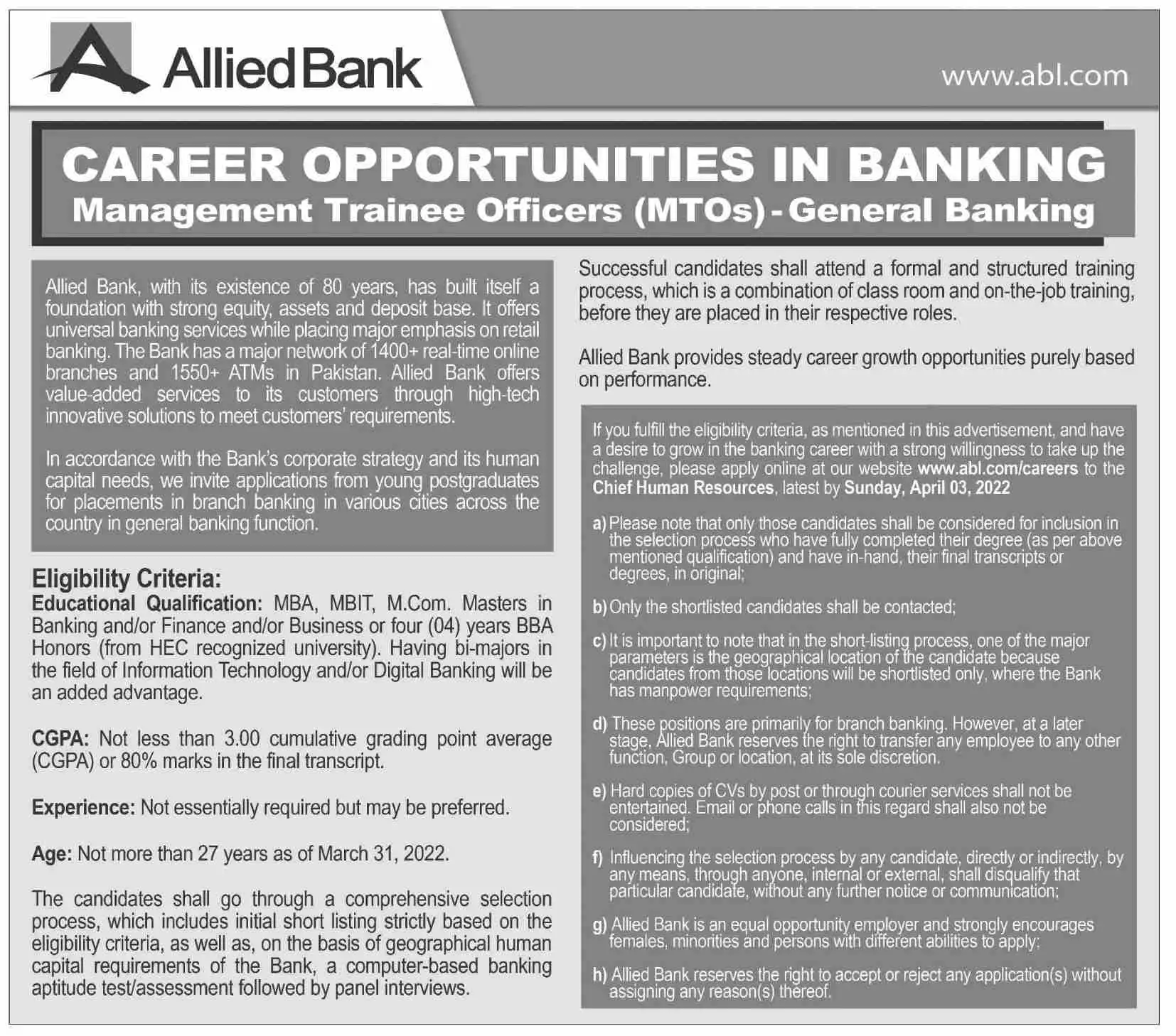 Allied Bank Management Trainee Officer Jobs 2024